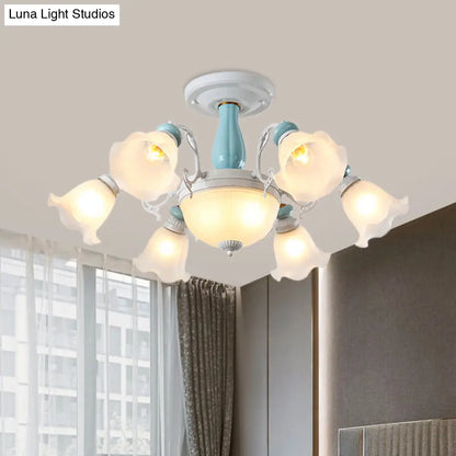 DecorBites™ DecorBites™ Colonial Style 8-Bulb Flower White Glass Semi Flush Ceiling Lamp with Ceramic Detail - Elegant Lighting Fixture