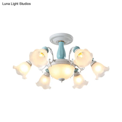 DecorBites™ DecorBites™ Colonial Style 8-Bulb Flower White Glass Semi Flush Ceiling Lamp with Ceramic Detail - Elegant Lighting Fixture