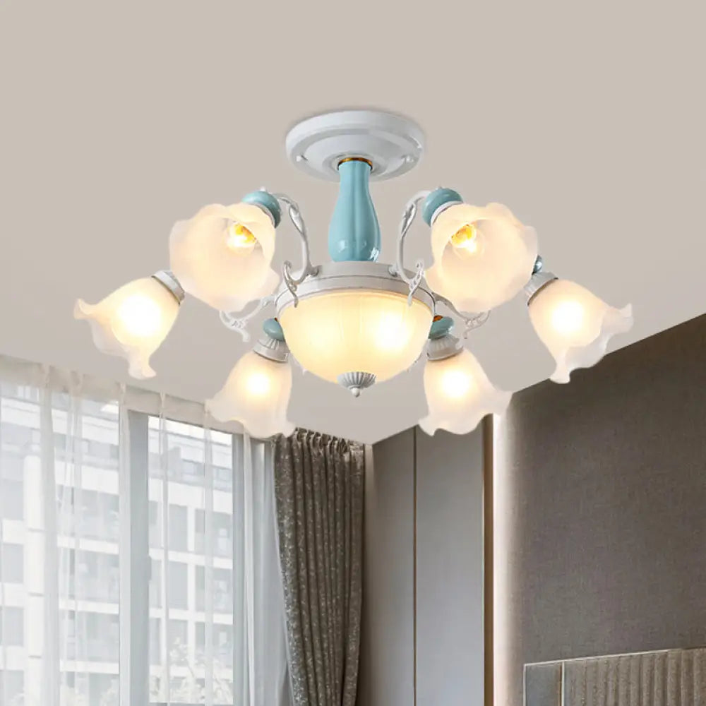 DecorBites™ DecorBites™ Colonial Style 8-Bulb Flower White Glass Semi Flush Ceiling Lamp with Ceramic Detail - Elegant Lighting Fixture
