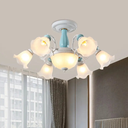 DecorBites™ DecorBites™ Colonial Style 8-Bulb Flower White Glass Semi Flush Ceiling Lamp with Ceramic Detail - Elegant Lighting Fixture