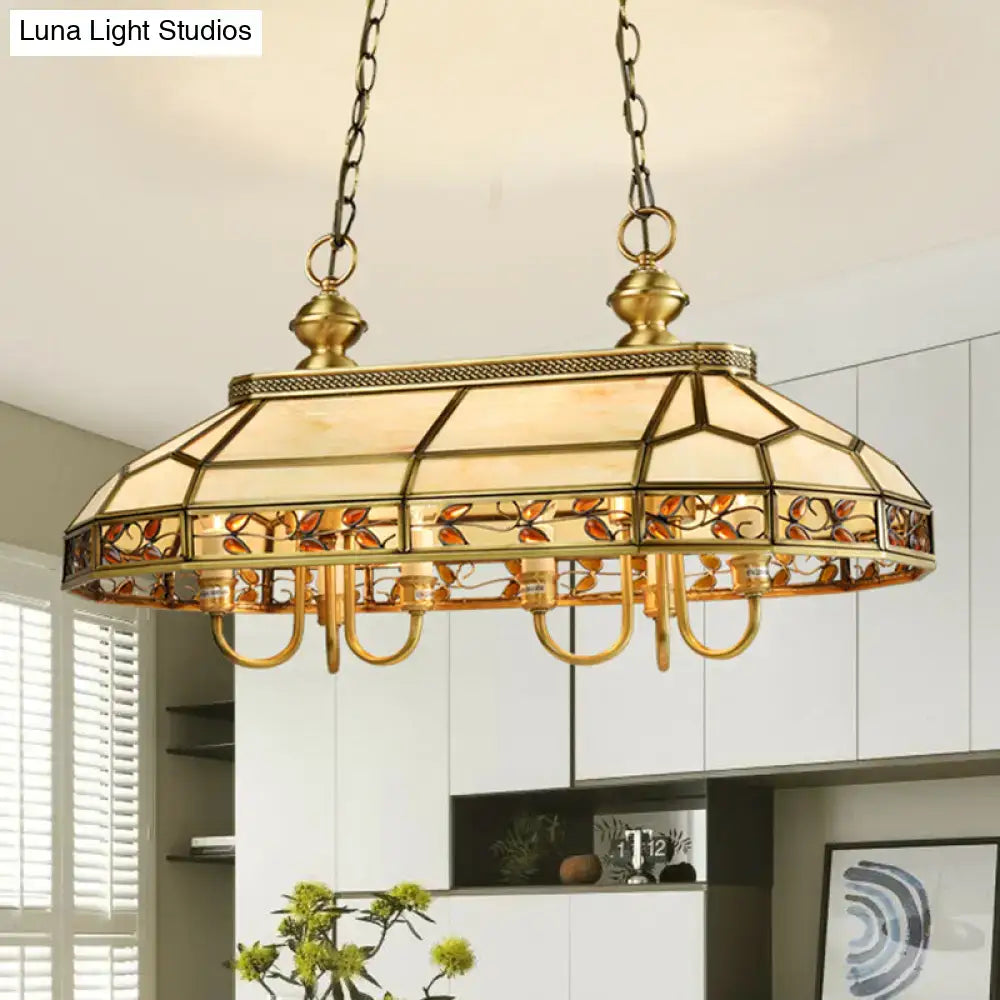 DecorBites™ colonial style pendant light with antique brass finish amber cream floral stained white glass shades