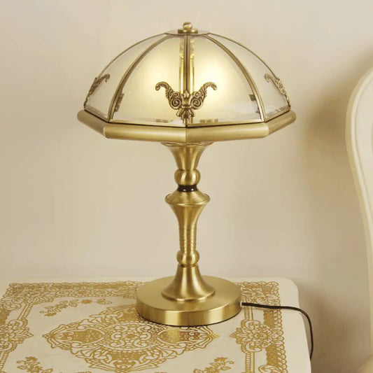 Colonial Style Brass Cap Shaped Frosted Glass Table Lamp with 3 Bulbs - Perfect for Bedroom Night Light
