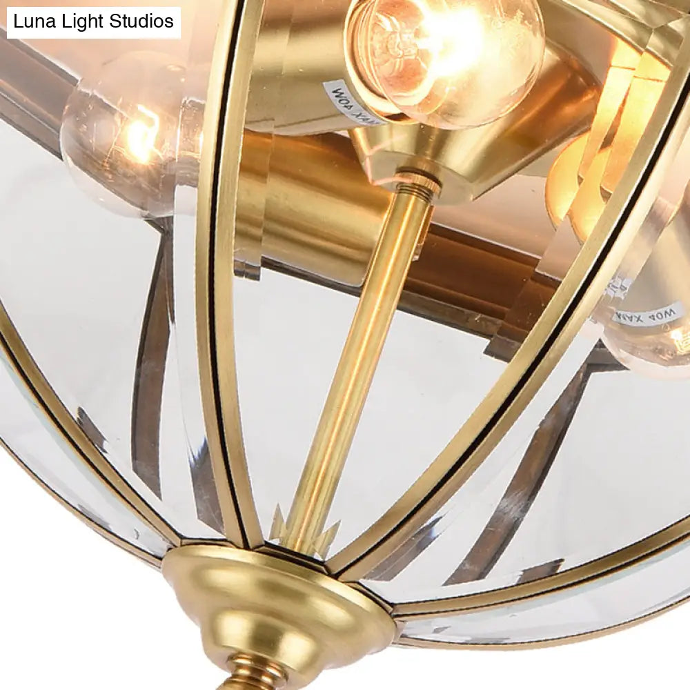DecorBites™ DecorBites™ Colonial Style Brass Domed Flush Ceiling Light - 3 Lights Clear Glass Flush Mount for Bedrooms