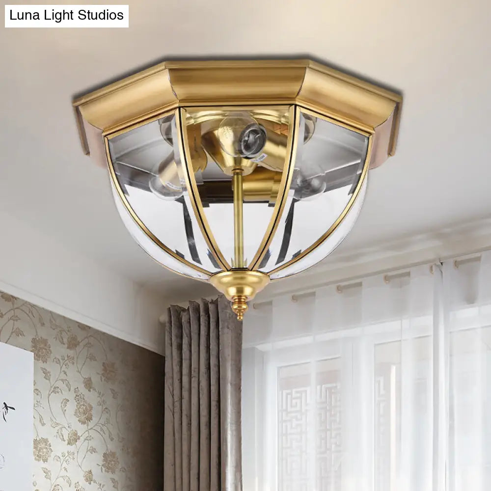 DecorBites™ DecorBites™ Colonial Style Brass Domed Flush Ceiling Light - 3 Lights Clear Glass Flush Mount for Bedrooms