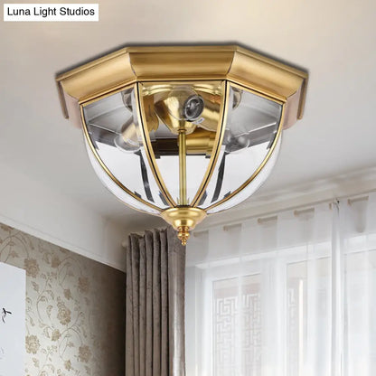 DecorBites™ DecorBites™ Colonial Style Brass Domed Flush Ceiling Light - 3 Lights Clear Glass Flush Mount for Bedrooms