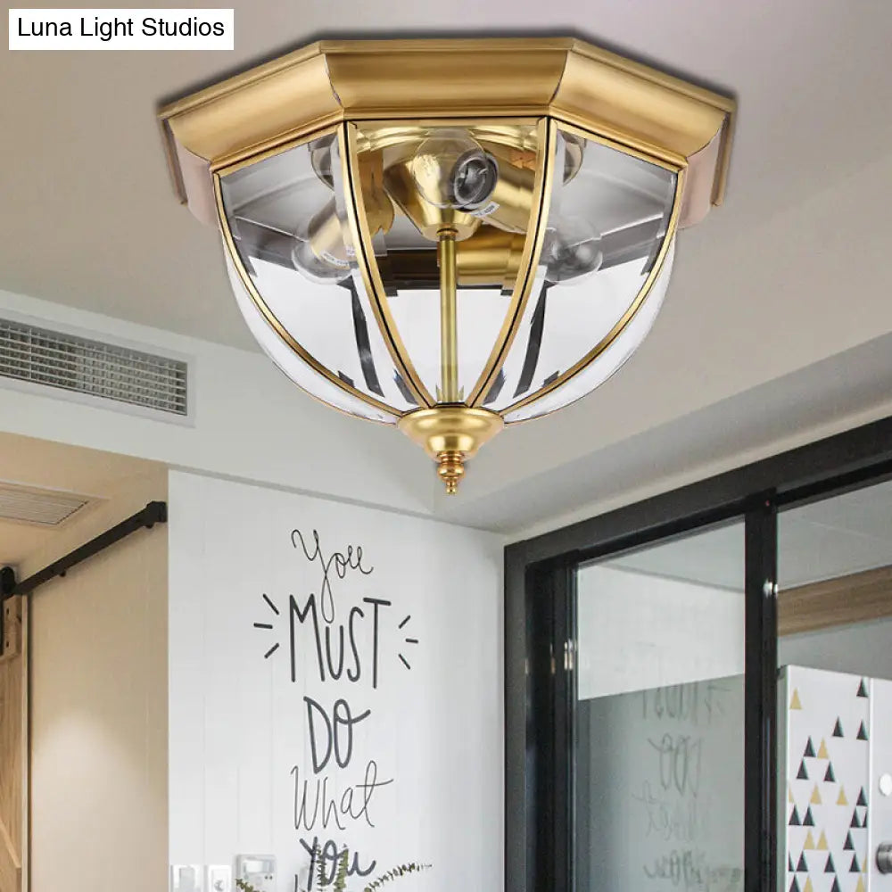 DecorBites™ DecorBites™ Colonial Style Brass Domed Flush Ceiling Light - 3 Lights Clear Glass Flush Mount for Bedrooms