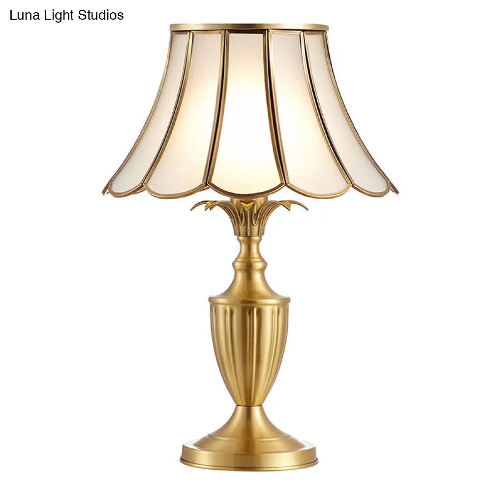 Colonial Style Brass Scalloped Nightstand Lamp with Opaque Glass - Ideal for Single Bedroom Nightstands