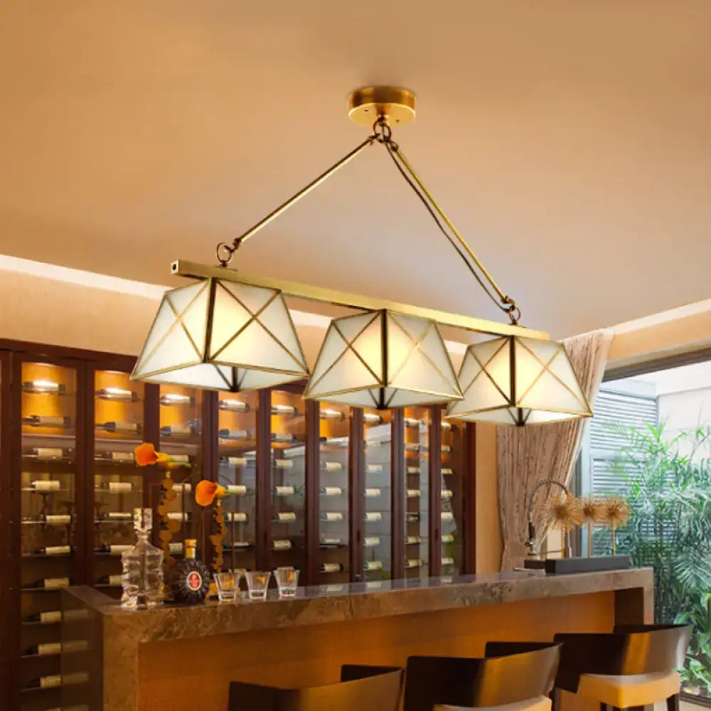 Decorbites™ colonial style tapered island pendant light with three frosted opal glass triangular shades brass finish