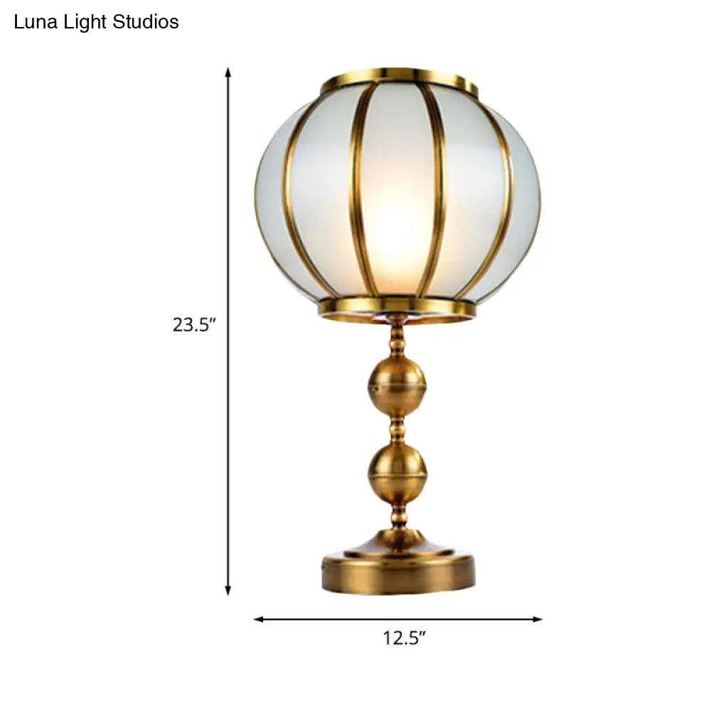 Colonial Style Opal Glass Lantern Nightstand Lamp - Gold Finish, Metal Ball Deco, 1-Light, Bedroom Night Table Light