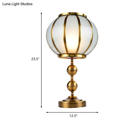 Colonial Style Opal Glass Lantern Nightstand Lamp - Gold Finish, Metal Ball Deco, 1-Light, Bedroom Night Table Light