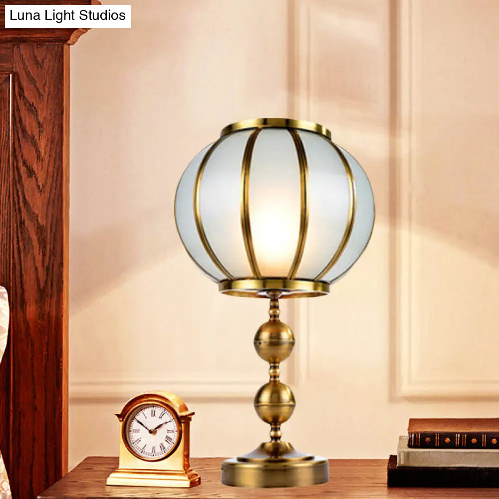 Colonial Style Opal Glass Lantern Nightstand Lamp - Gold Finish, Metal Ball Deco, 1-Light, Bedroom Night Table Light