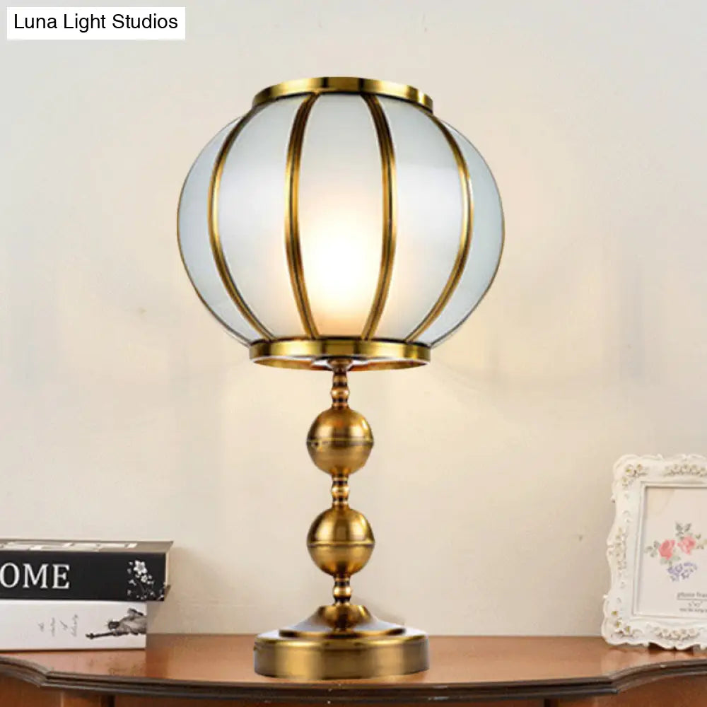 Colonial Style Opal Glass Lantern Nightstand Lamp - Gold Finish, Metal Ball Deco, 1-Light, Bedroom Night Table Light
