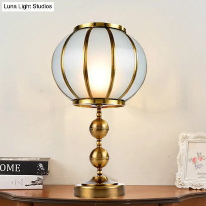 Colonial Style Opal Glass Lantern Nightstand Lamp - Gold Finish, Metal Ball Deco, 1-Light, Bedroom Night Table Light