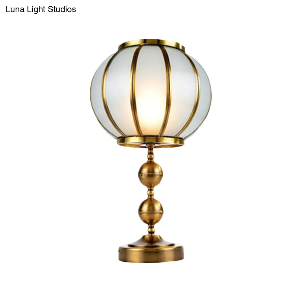 Colonial Style Opal Glass Lantern Nightstand Lamp - Gold Finish, Metal Ball Deco, 1-Light, Bedroom Night Table Light