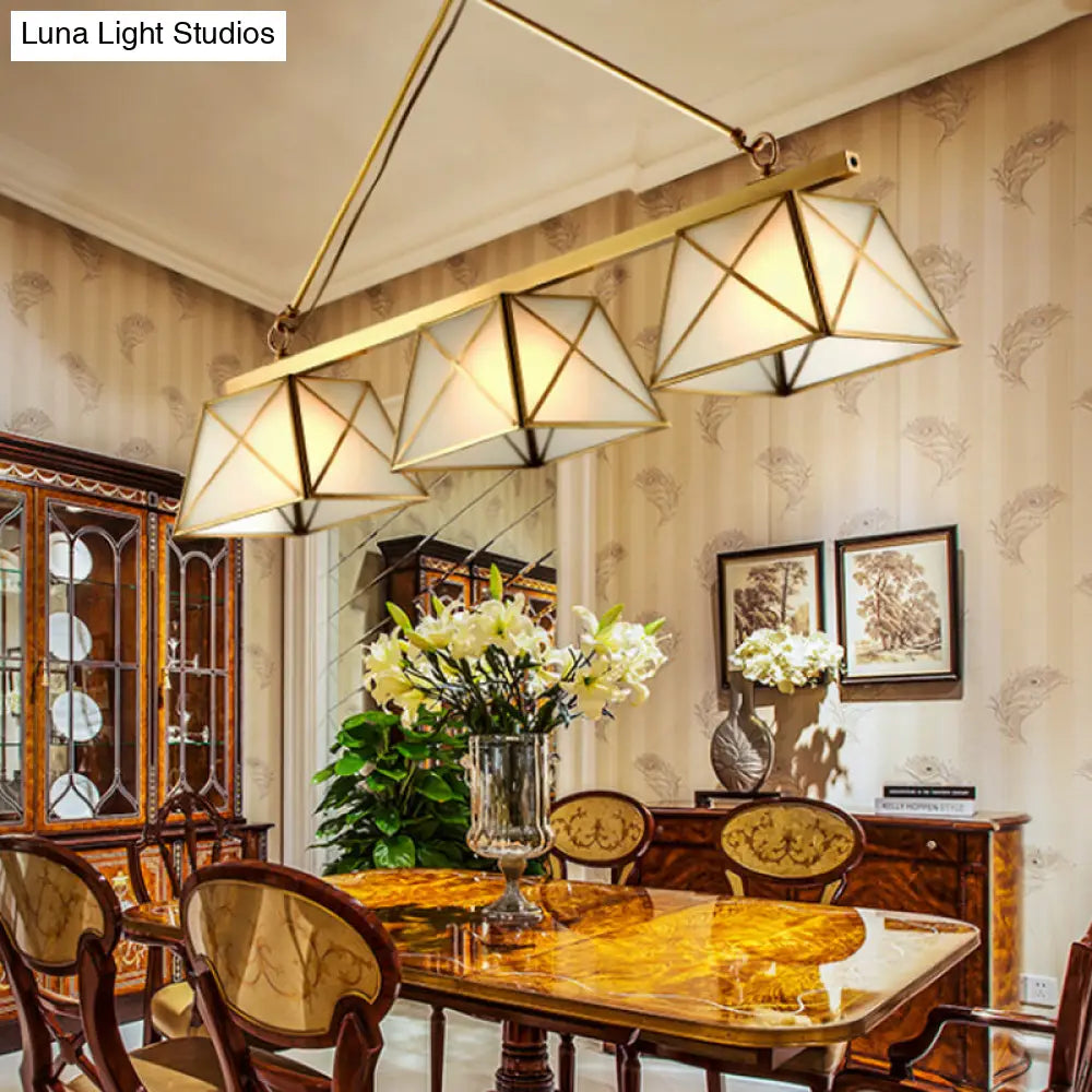 DecorBites™ Colonial Style Opal Glass Pendant Light with Tapered Island Design - 3 Bulbs, Brass Finish