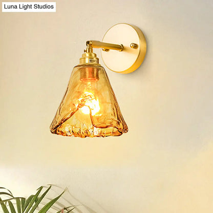 Colonial Wall Sconce in Tan Glass with Gold Saucer/Funnel Design - Bedroom Lighting Fixture