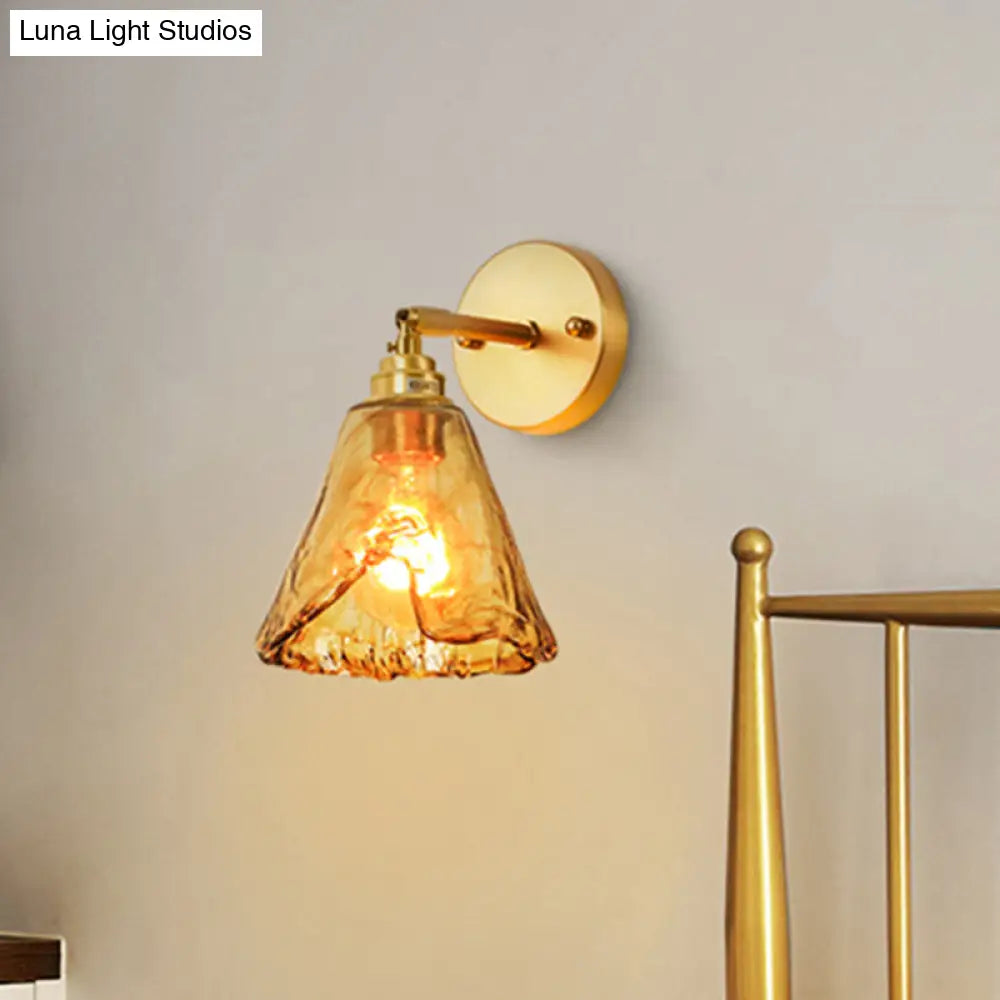 Colonial Wall Sconce in Tan Glass with Gold Saucer/Funnel Design - Bedroom Lighting Fixture