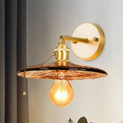 Colonial Wall Sconce in Tan Glass with Gold Saucer/Funnel Design - Bedroom Lighting Fixture