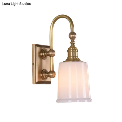 Colonial White Conical Bathroom Sconce Light with Clear Bubble Glass and Brass Wall Lamp
