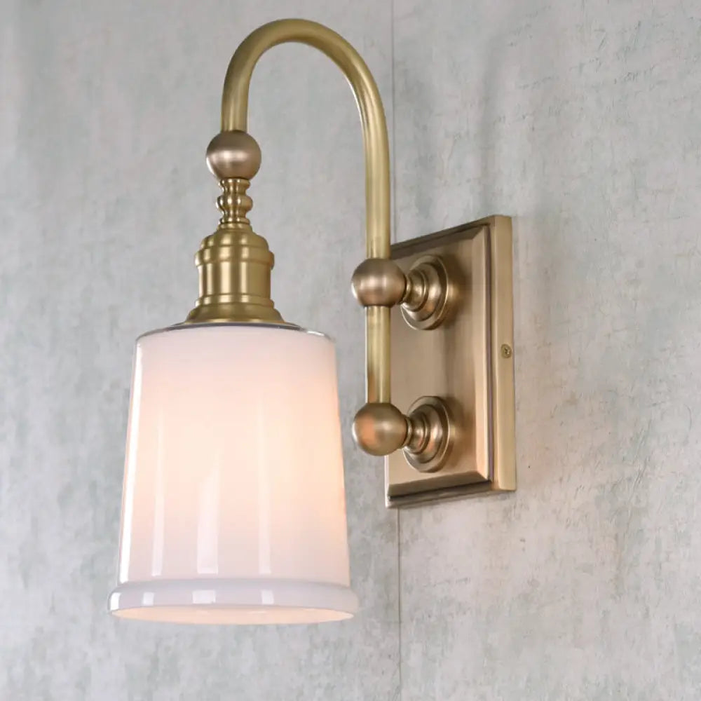 Colonial White Conical Bathroom Sconce Light with Clear Bubble Glass and Brass Wall Lamp