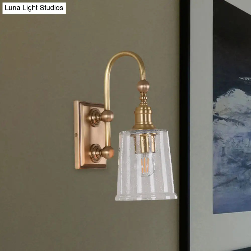 Colonial White Conical Bathroom Sconce Light with Clear Bubble Glass and Brass Wall Lamp