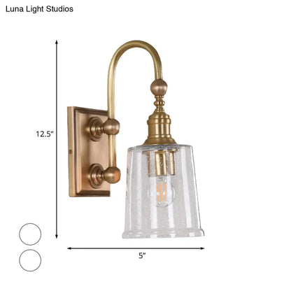 Colonial White Conical Bathroom Sconce Light with Clear Bubble Glass and Brass Wall Lamp