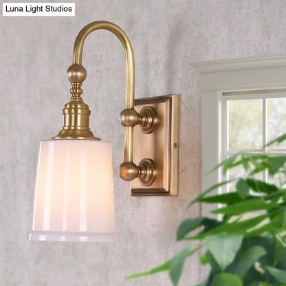 Colonial White Conical Bathroom Sconce Light with Clear Bubble Glass and Brass Wall Lamp