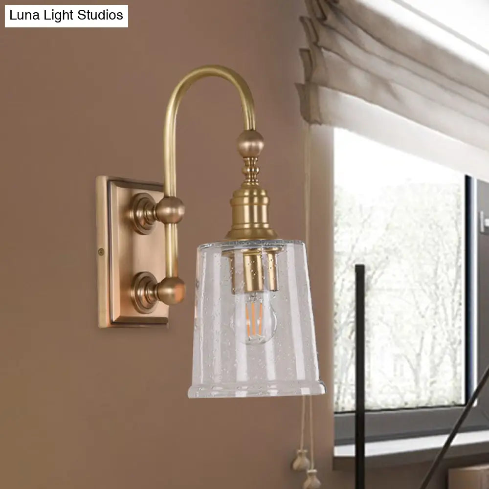 Colonial White Conical Bathroom Sconce Light with Clear Bubble Glass and Brass Wall Lamp
