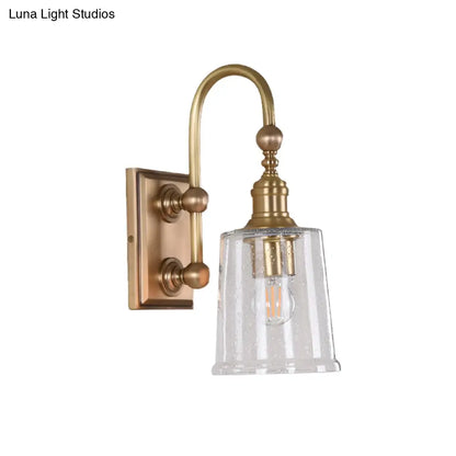 Colonial White Conical Bathroom Sconce Light with Clear Bubble Glass and Brass Wall Lamp