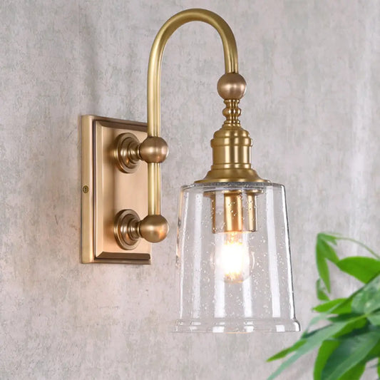 Colonial White Conical Bathroom Sconce Light with Clear Bubble Glass and Brass Wall Lamp