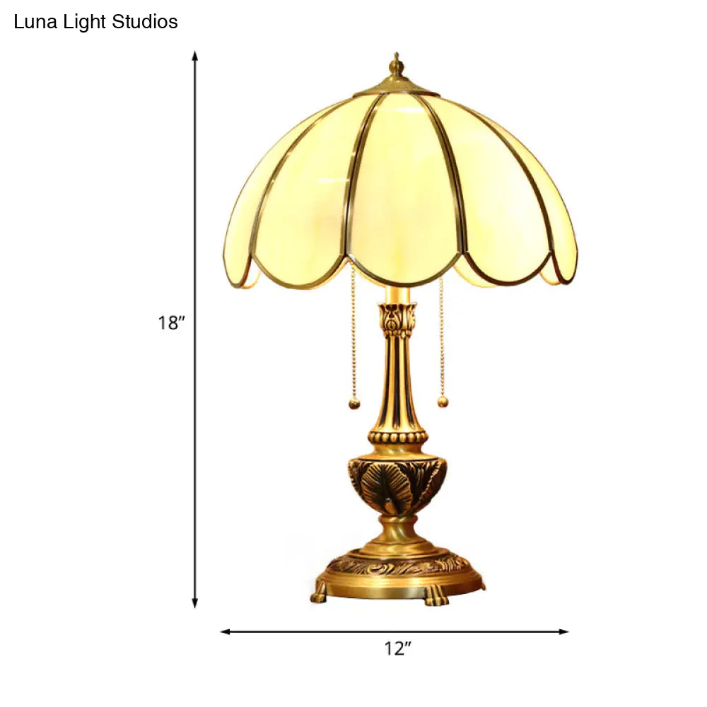 Colonialist Beige Glass 1-Bulb Nightstand Lamp - Gold Scalloped Metal Table Light with Pull Chain