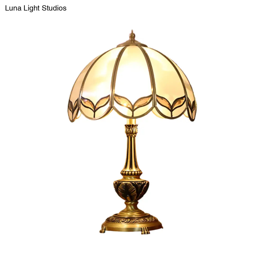 Colonialist Beige Glass 1-Bulb Nightstand Lamp - Gold Scalloped Metal Table Light with Pull Chain