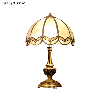 Colonialist Beige Glass 1-Bulb Nightstand Lamp - Gold Scalloped Metal Table Light with Pull Chain