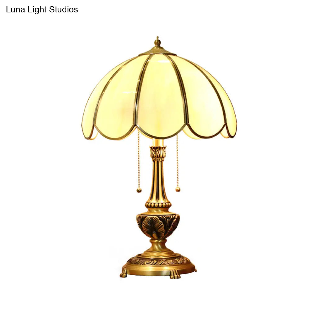 Colonialist Beige Glass 1-Bulb Nightstand Lamp - Gold Scalloped Metal Table Light with Pull Chain