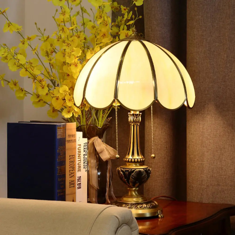 Colonialist Beige Glass 1-Bulb Nightstand Lamp - Gold Scalloped Metal Table Light with Pull Chain