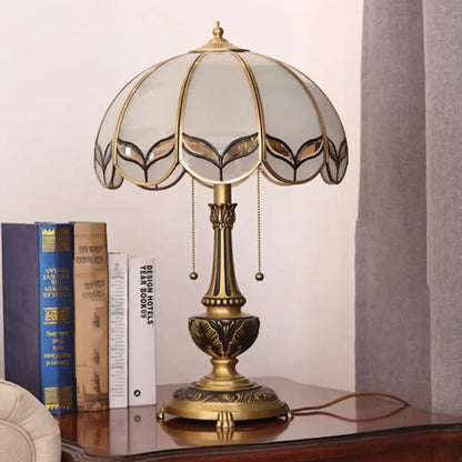 Colonialist Beige Glass 1-Bulb Nightstand Lamp - Gold Scalloped Metal Table Light with Pull Chain