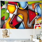 Colorful decorbites horse tapestry wall hanging with vibrant geometric shapes in red, brown, green, blue, and yellow for bedroom decor