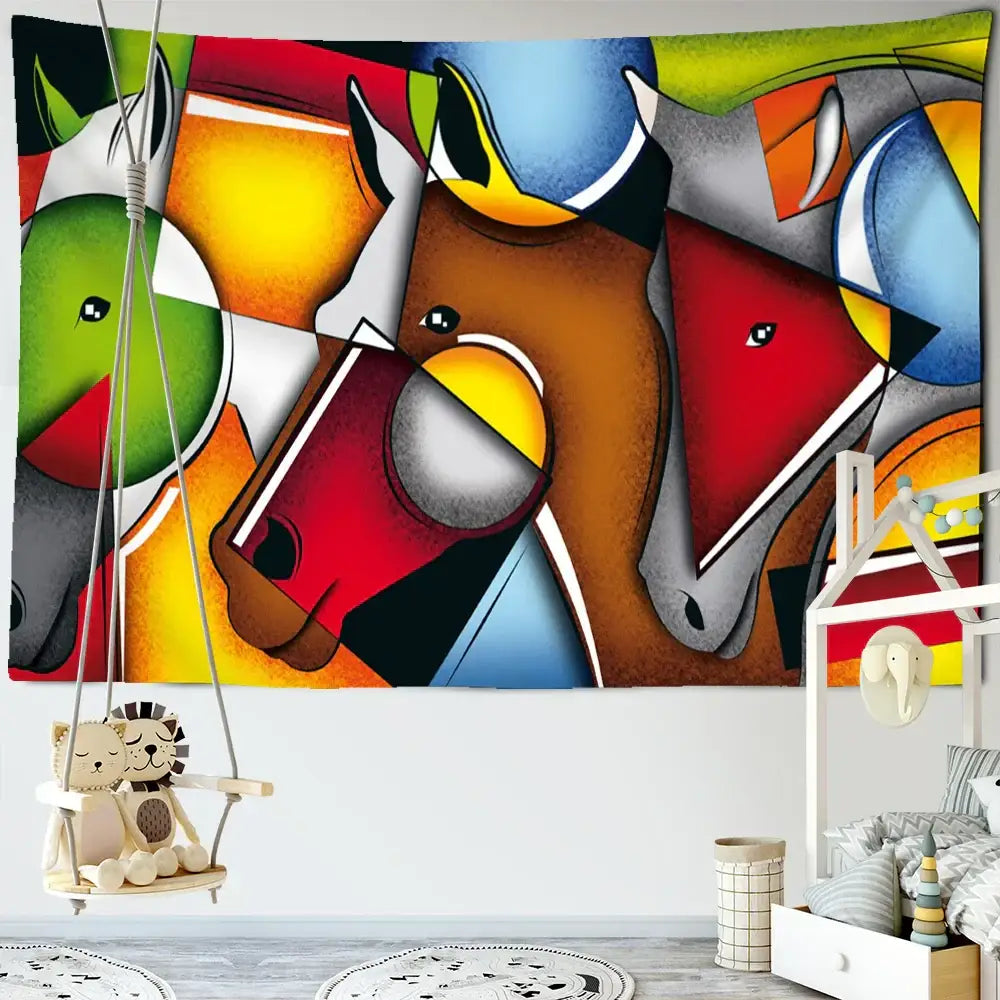 Colorful decorbites horse tapestry wall hanging featuring vibrant abstract horse with bold geometric shapes in red blue yellow