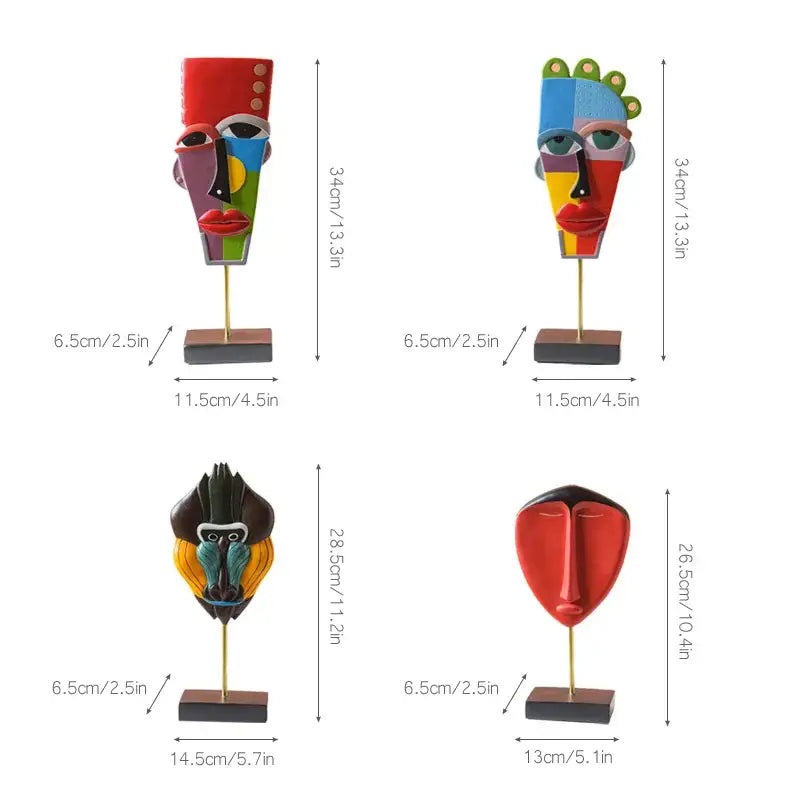 Vibrant colorful african abstract face monkey sculptures in resin with gold stands and dark wooden bases for decorbites living room decor