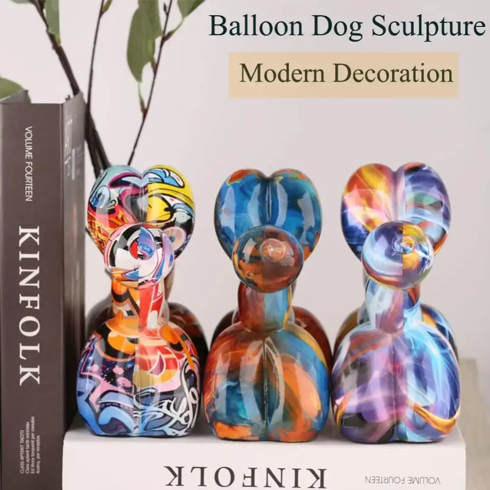 Colorful balloon dog statue with vibrant swirling rainbow patterns and glossy resin finish for living room decorbites decor