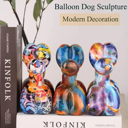 Colorful balloon dog statue with vibrant swirling rainbow patterns and glossy resin finish for living room decorbites decor