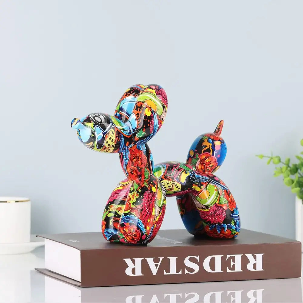 Vibrant glossy colorful balloon dog statue with psychedelic floral geometric pattern in reds blues yellows for decorbites colorful balloon living room decor