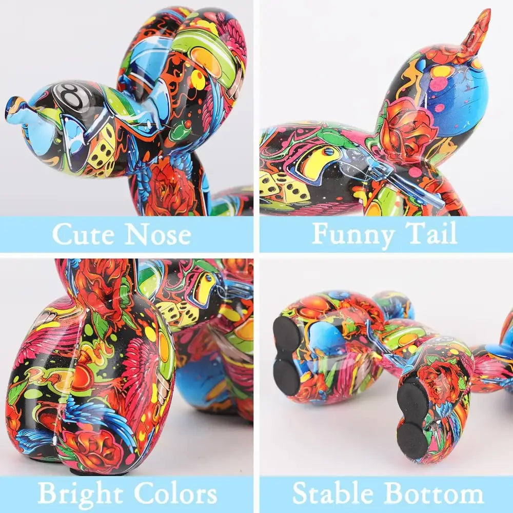 Glossy colorful balloon dog statue with psychedelic floral and cartoon patterns on black base for living room decorbites decor
