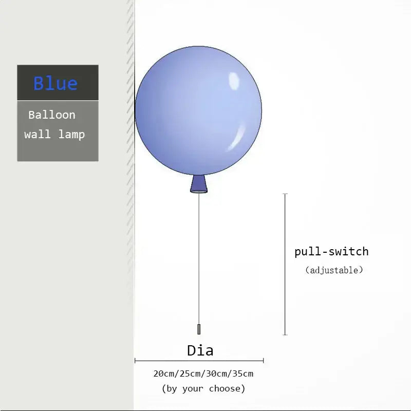 Blue balloon-shaped wall lamp with pull-switch and adjustable diameter from decorbites colorful balloon led wall lamps set