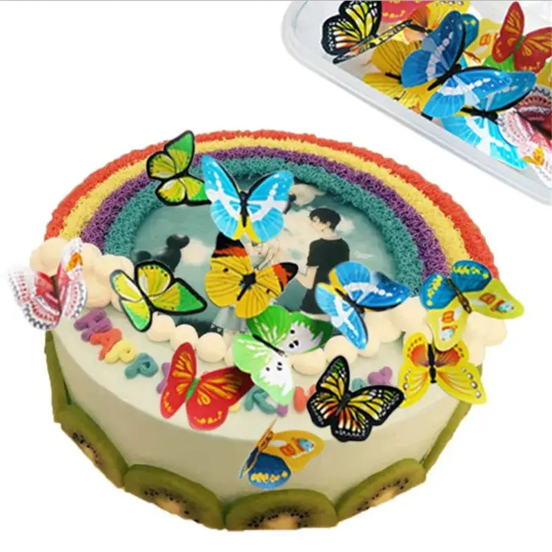 Colorful butterfly flower cake toppers featuring a rainbow border, vibrant butterfly decorbites butterfly flower design, and kiwi slices