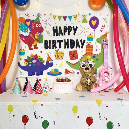 Colorful cartoon animal birthday wall tapestry with red purple and green dinosaur design and happy birthday text decorbites birthday wall