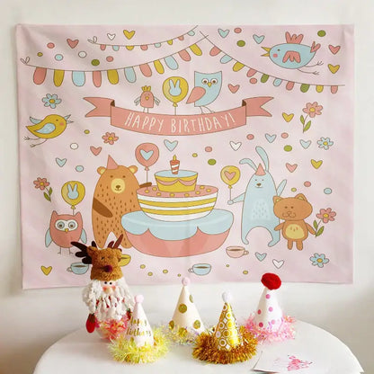 Pastel pink colorful cartoon animal birthday wall tapestry with balloons cake and happy birthday banner decorbites birthday wall