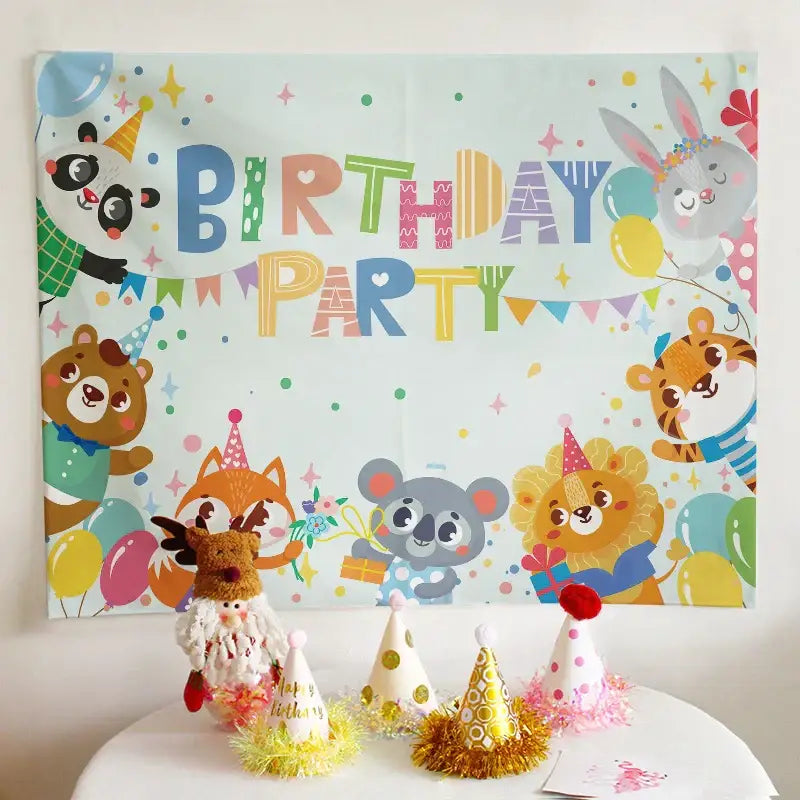 Colorful cartoon animal birthday wall tapestry with festive decorbites birthday wall decorations for bedroom backdrop