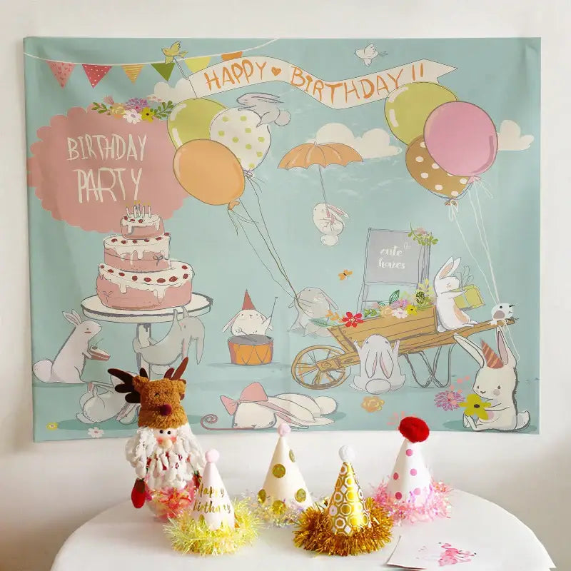 Pastel-colored colorful cartoon animal birthday wall tapestry with bunnies balloons and cake for decorbites birthday wall decor