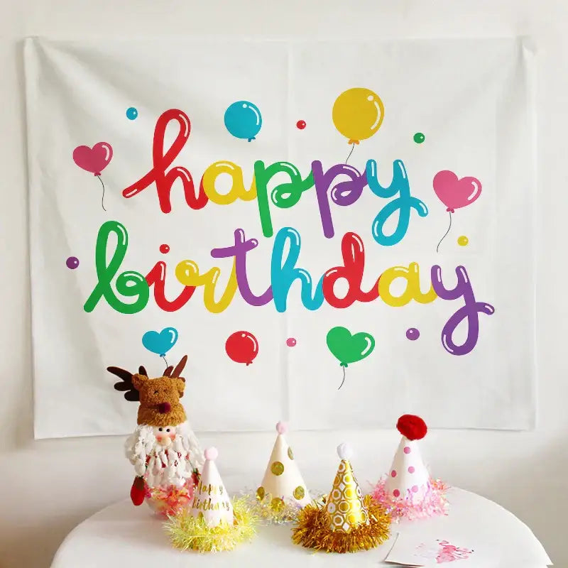 Colorful cartoon animal birthday wall tapestry with happy birthday rainbow lettering and balloon decorbites birthday wall